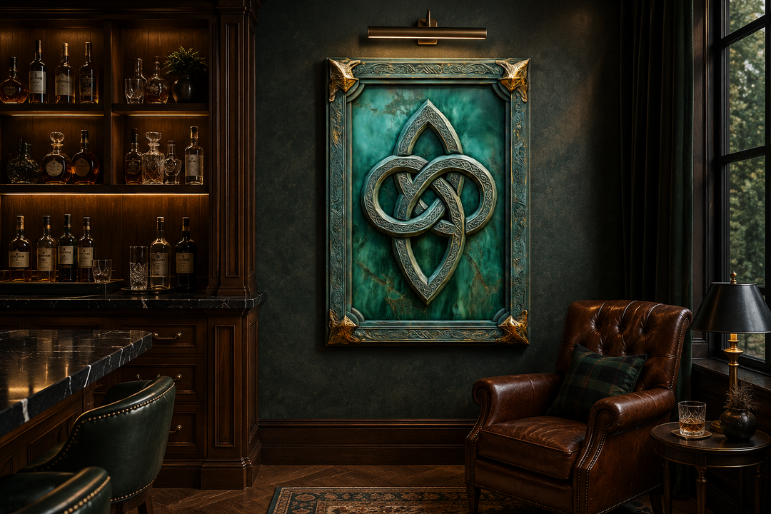 Antique Celtic Knot framed canvas wall art with green background and gold accents in a study.