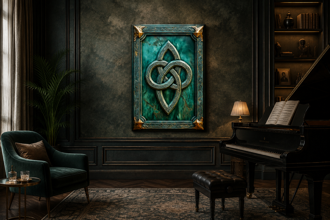 Antique Celtic Knot framed canvas wall art with gold accents on a deep green background.