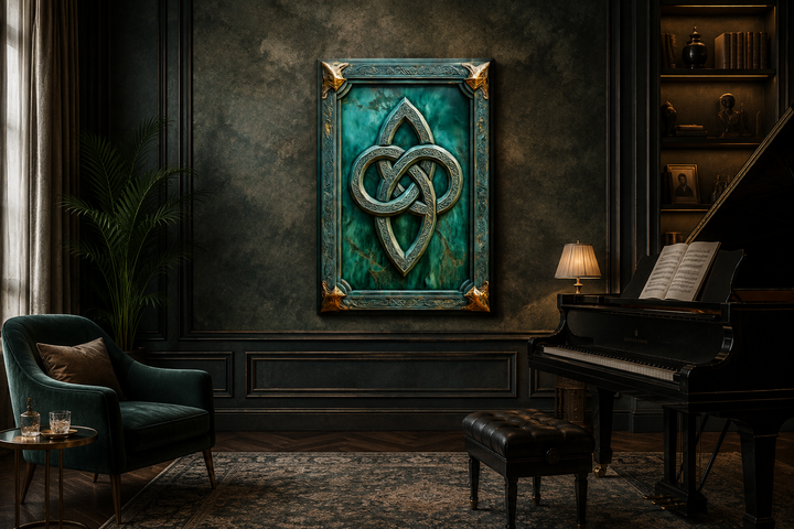 Antique Celtic Knot framed canvas wall art with gold accents on a deep green background.