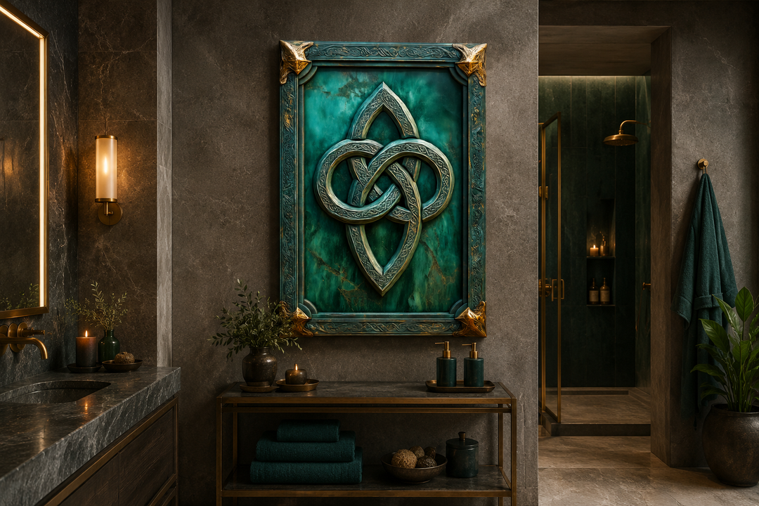 Antique Celtic knot framed canvas wall art with gold accents on a deep green background.