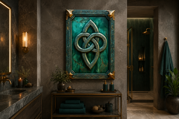 Antique Celtic knot framed canvas wall art with gold accents on a deep green background.