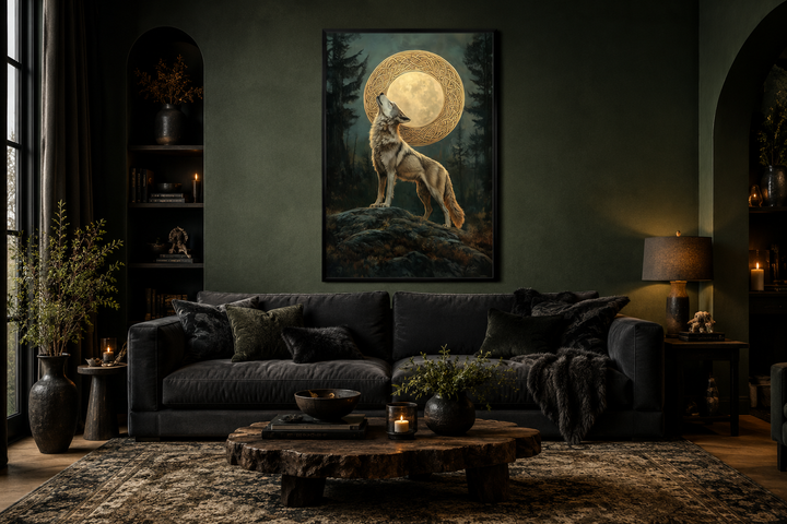 Celtic Wolf and Moon framed canvas wall art hanging above a dark sofa in a moody, green-walled room.