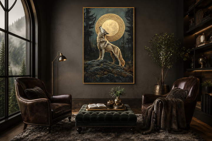 Celtic Wolf and Moon antique framed canvas wall art hanging in a dark, rustic study.