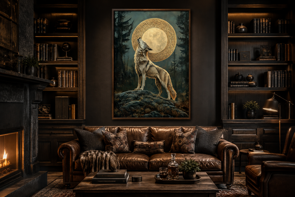 Celtic Wolf and Moon antique framed canvas wall art hanging above a leather sofa in a dark library.