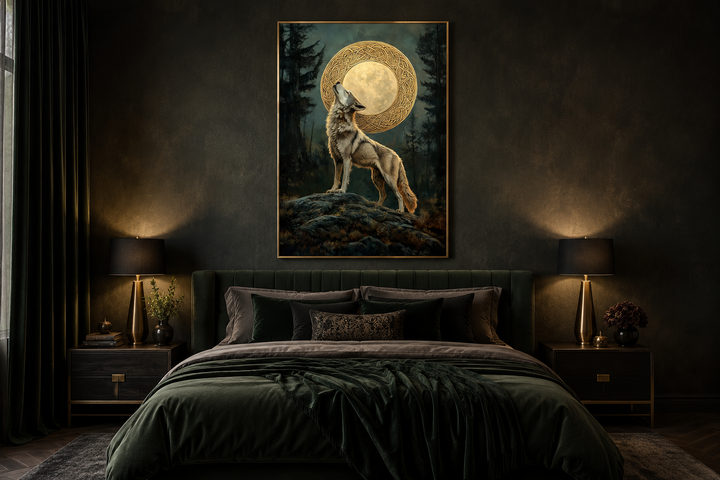 Celtic Wolf and Moon antique framed canvas wall art hanging above a bed in a dark, moody bedroom.