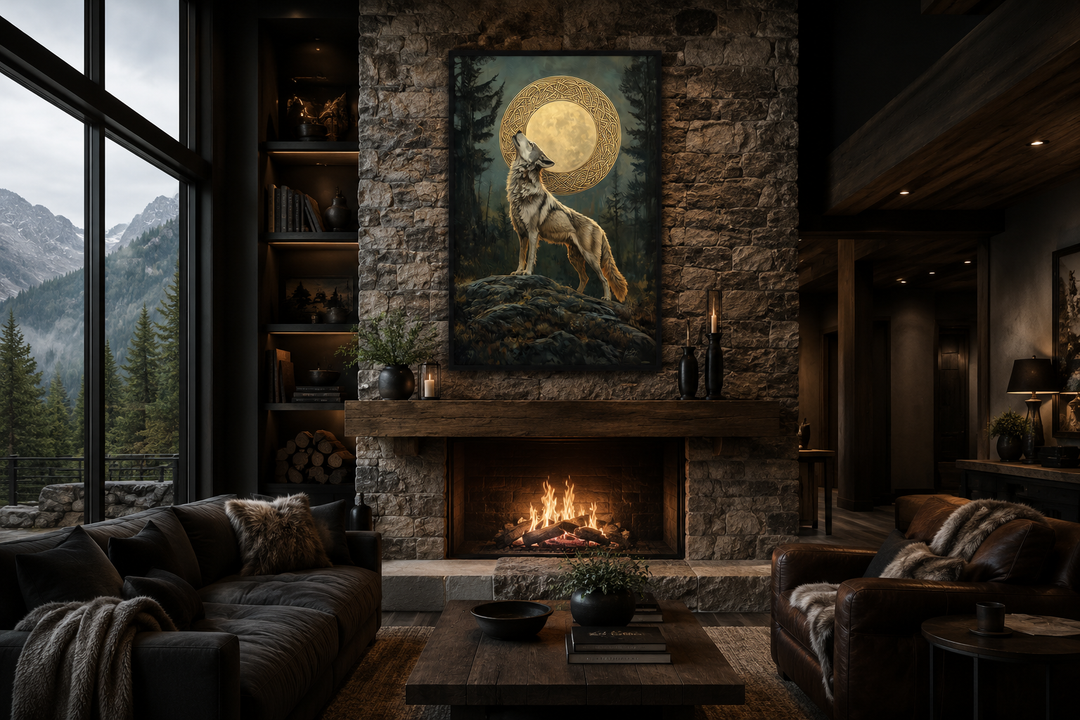 Celtic Wolf and Moon antique framed canvas wall art hanging above a fireplace in a rustic cabin.