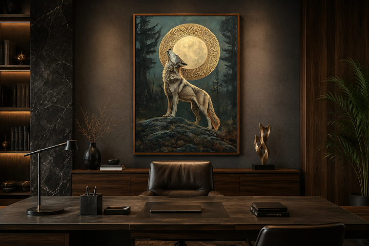 Celtic wolf and moon canvas wall art in an antique frame, hanging in a dark, modern office.