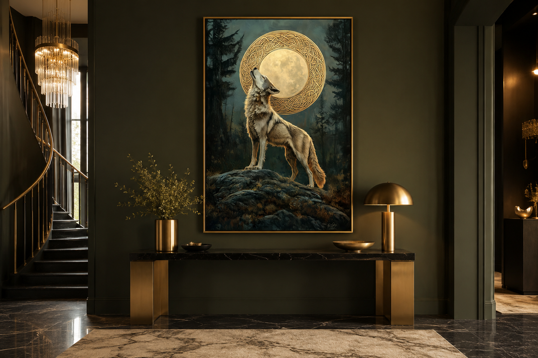 Celtic Wolf and Moon antique framed canvas wall art featuring a howling wolf and gold knotwork.