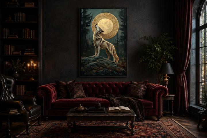 Celtic wolf and moon antique framed canvas wall art hanging in a dark, moody living room.