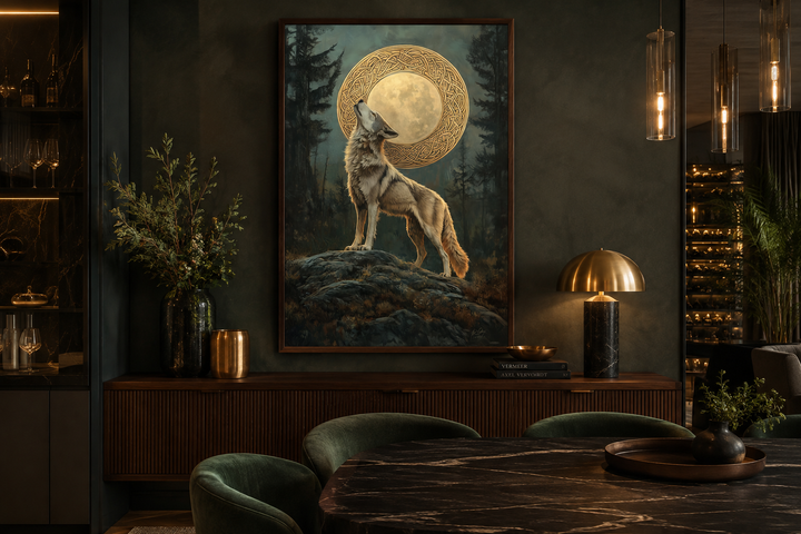 Celtic wolf howling at a full moon with gold knotwork on a framed canvas in a dark dining room.