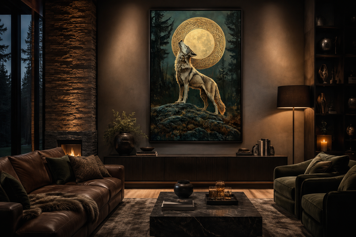 Celtic Wolf and Moon antique framed canvas wall art hanging in a moody, modern living room.