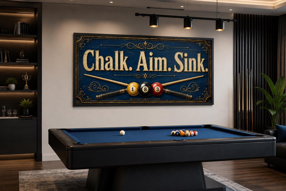 Vintage navy blue billiards sign with gold text reading Chalk. Aim. Sink. above a pool table.