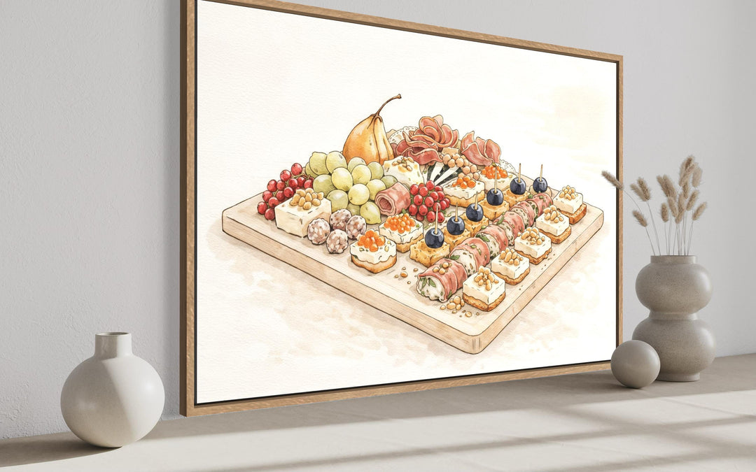 A framed canvas print of a watercolor charcuterie board illustration in a neutral, modern room.