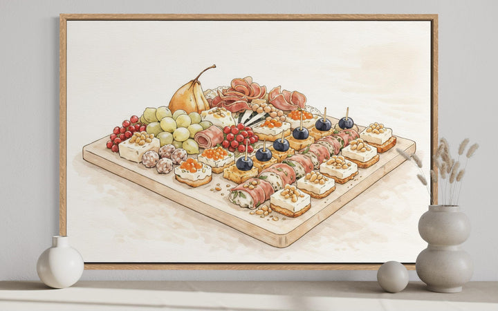 Charcuterie board wall art canvas print in neutral tones featuring an elegant food arrangement.