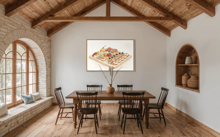 Elegant charcuterie board canvas print in a neutral-toned dining room with rustic wood accents.
