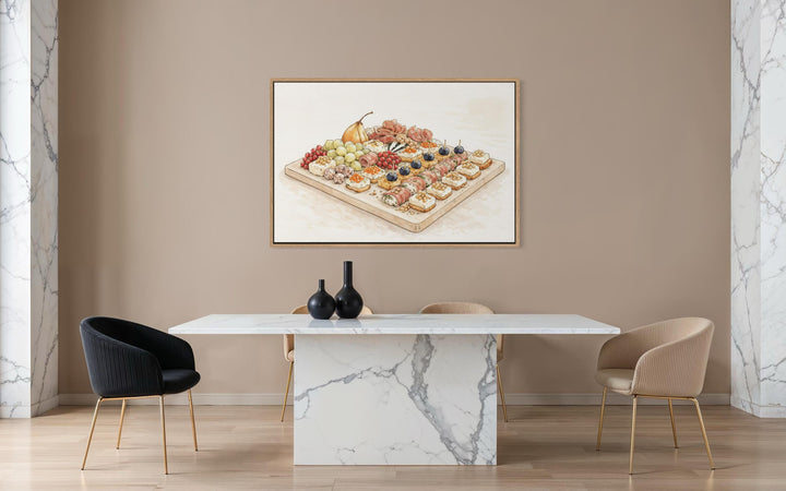 Charcuterie board canvas wall art in a neutral dining room with a marble table and modern chairs.