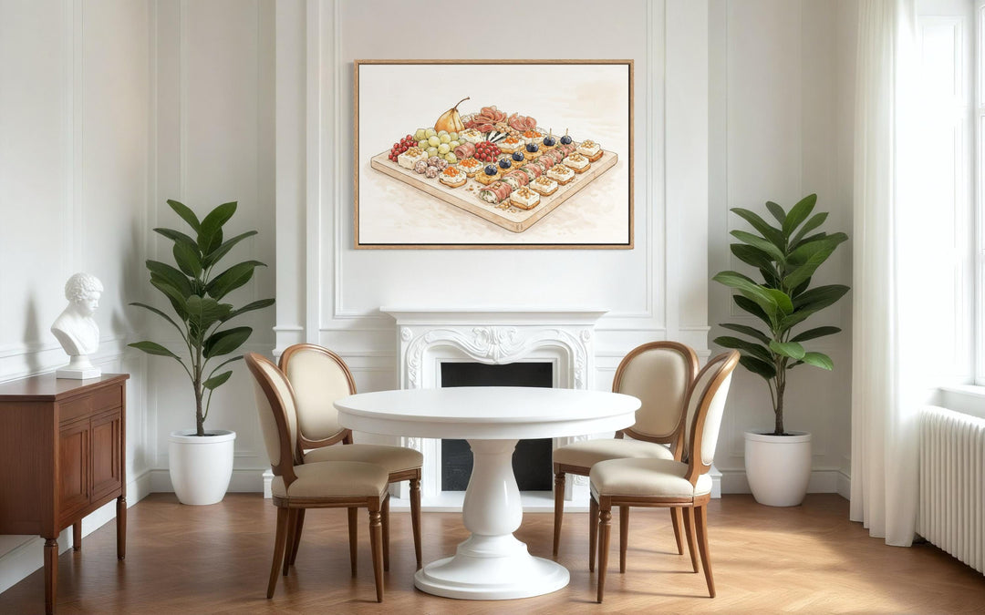 Elegant charcuterie board canvas print in neutral tones hanging above a white dining table.