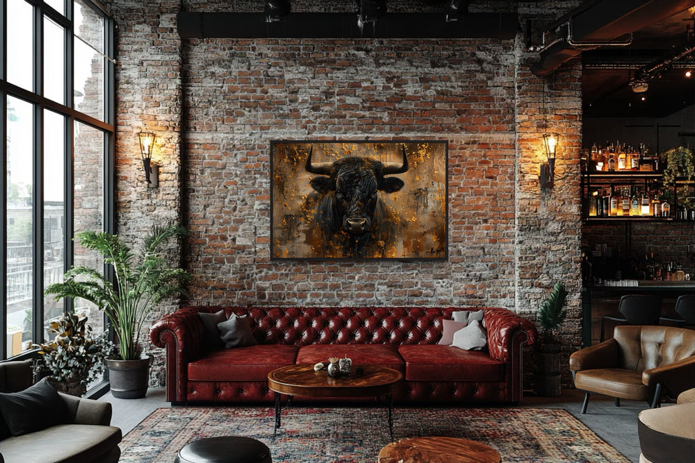 Charging Bull Head on Gold and Black Framed Canvas Wall Art in brick wall