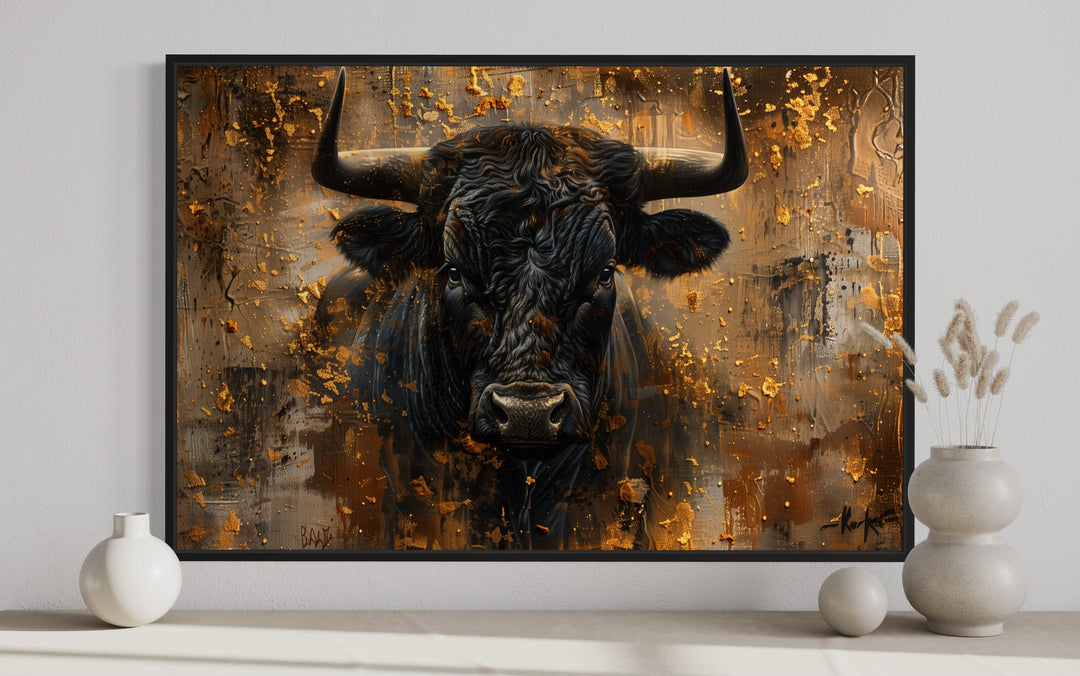 Charging Bull Head on Gold and Black Framed Canvas Wall Art