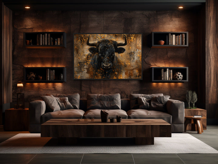 Charging Bull Head on Gold and Black Framed Canvas Wall Art