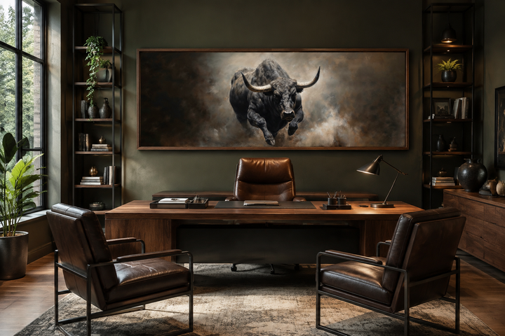 Charging bull long horizontal canvas print displayed in a modern office above a wooden desk.