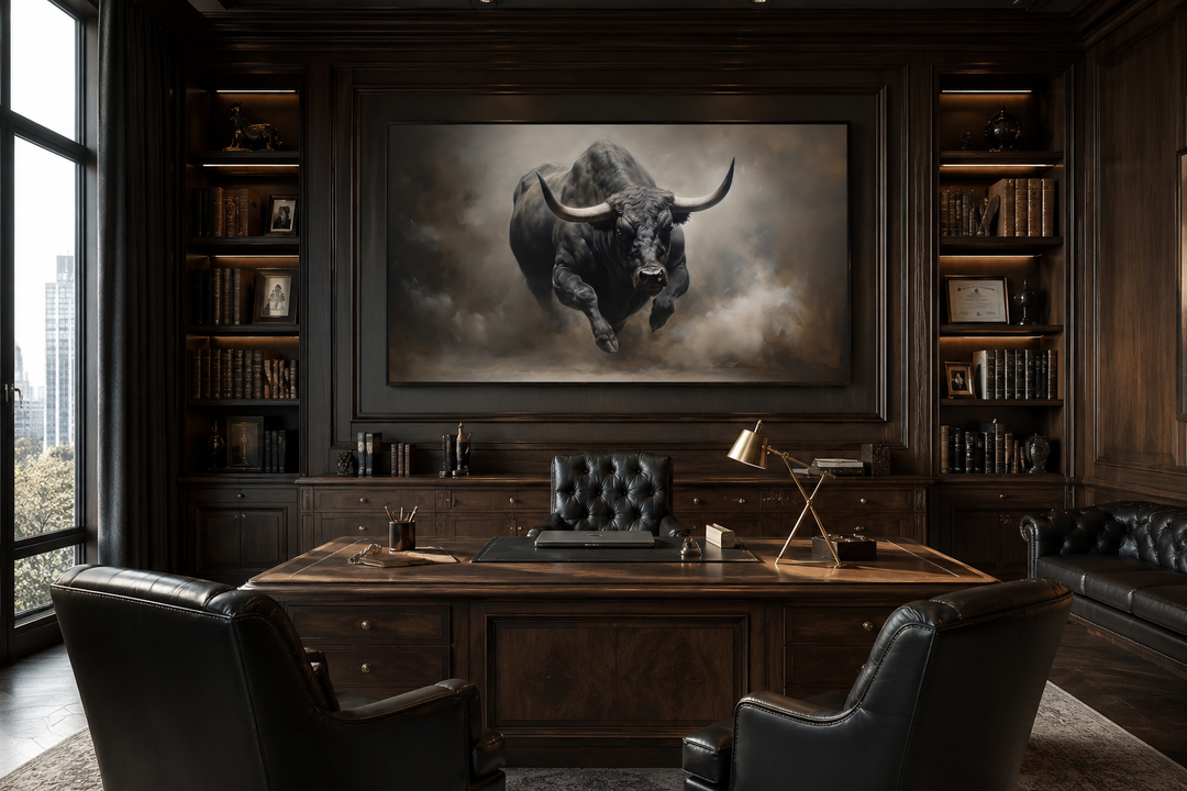 Framed charging bull canvas print centered in a dark wood paneled office with a large desk.