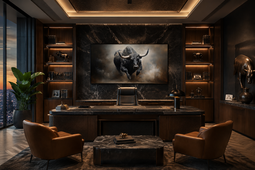 Framed charging bull canvas print centered on a dark marble wall in a modern office setting.
