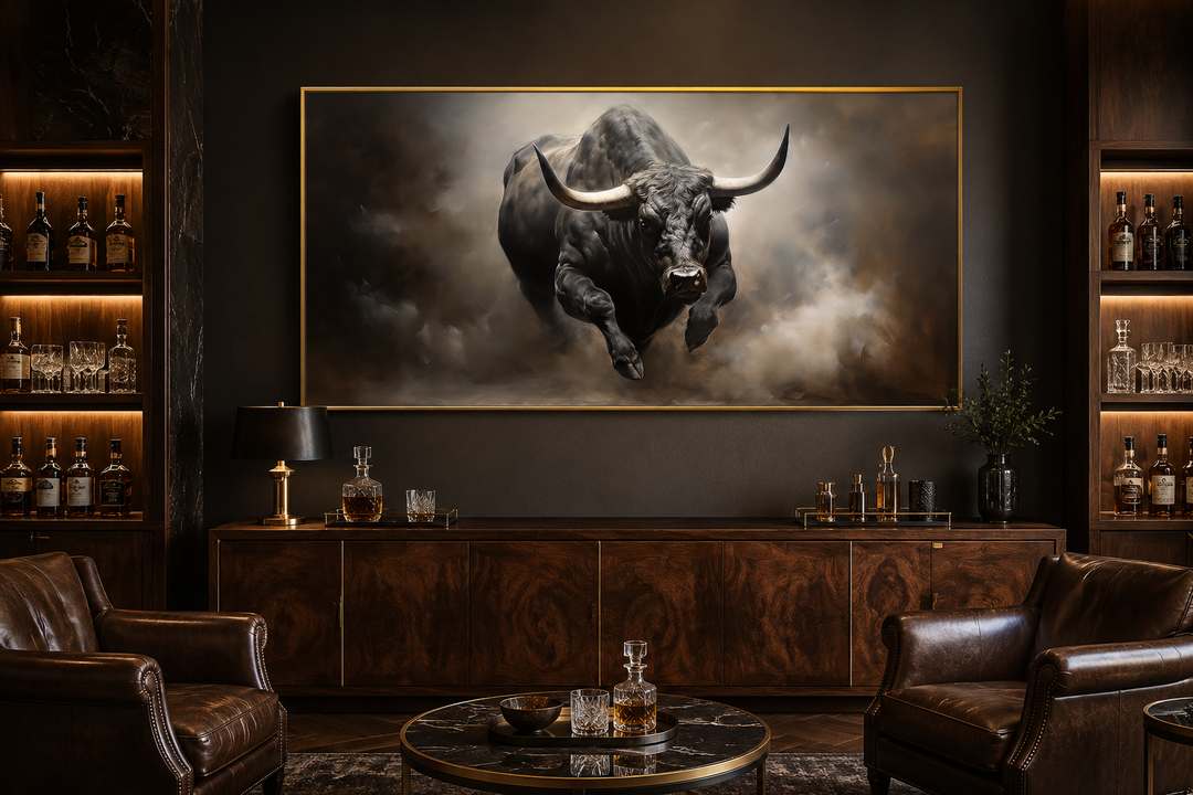 Framed charging bull canvas print in a dark, rustic man cave with leather chairs and a wood cabinet.