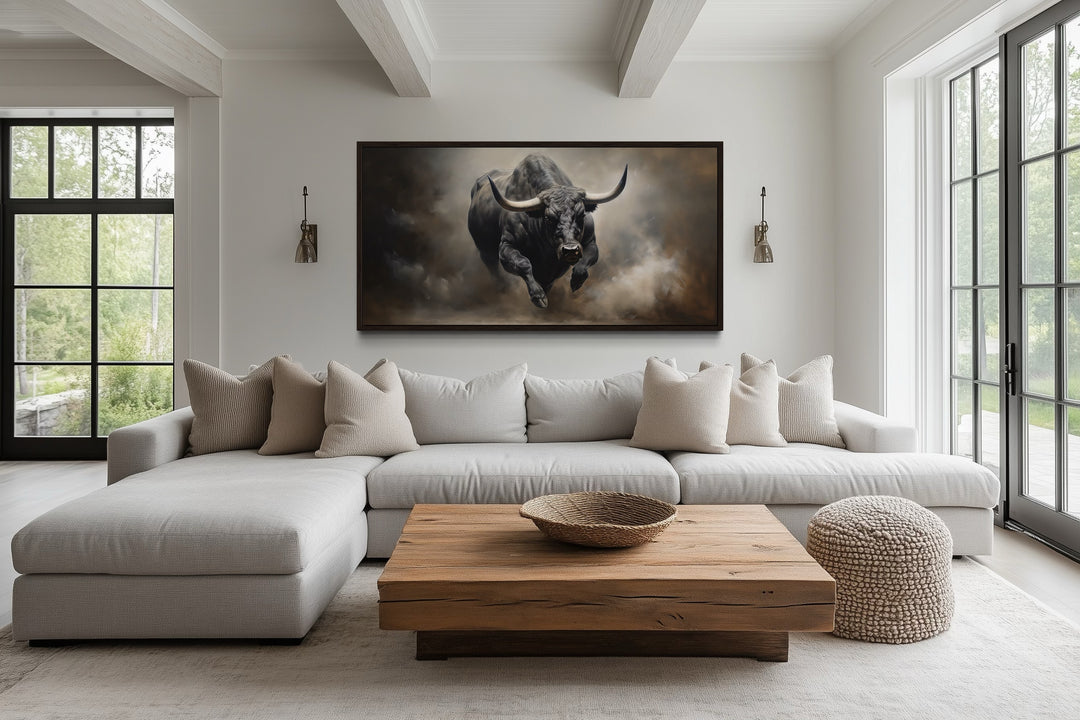 Charging Bull Wall Art - Bold Framed Canvas Print | Rustic Man Cave Decor