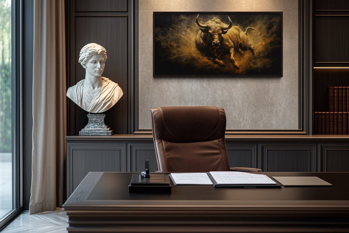 Charging Bull Wall Art – Extra Large Framed Canvas Painting for Man Cave Decor