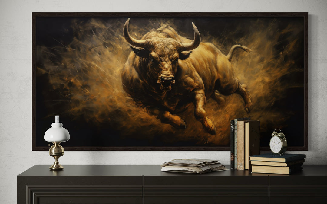 Charging Bull Wall Art – Extra Large Framed Canvas Painting for Man Cave Decor