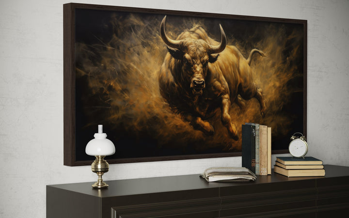 Charging Bull Wall Art – Extra Large Framed Canvas Painting for Man Cave Decor