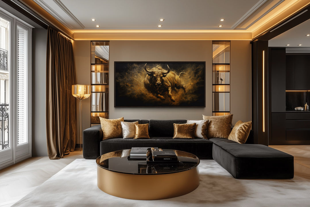 Charging Bull Wall Art – Extra Large Framed Canvas Painting for Man Cave Decor