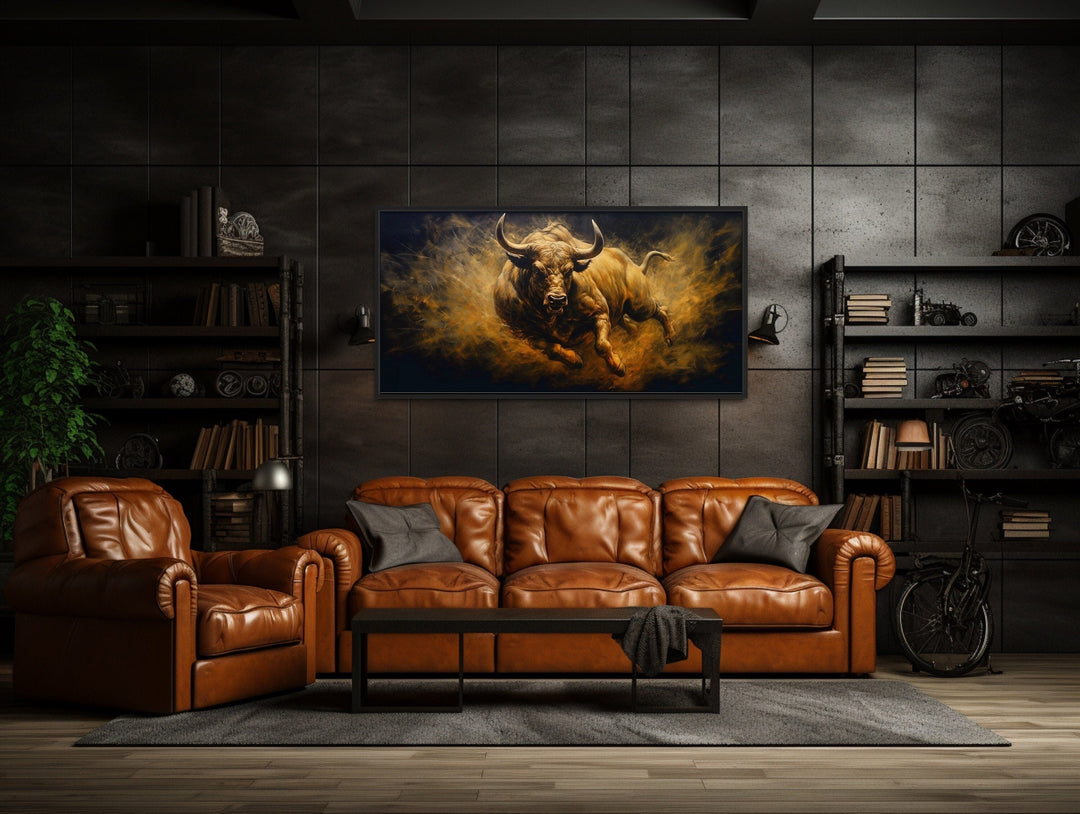 Charging Bull Wall Art – Extra Large Framed Canvas Painting for Man Cave Decor