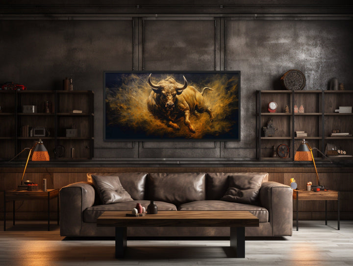 Charging Bull Wall Art – Extra Large Framed Canvas Painting for Man Cave Decor