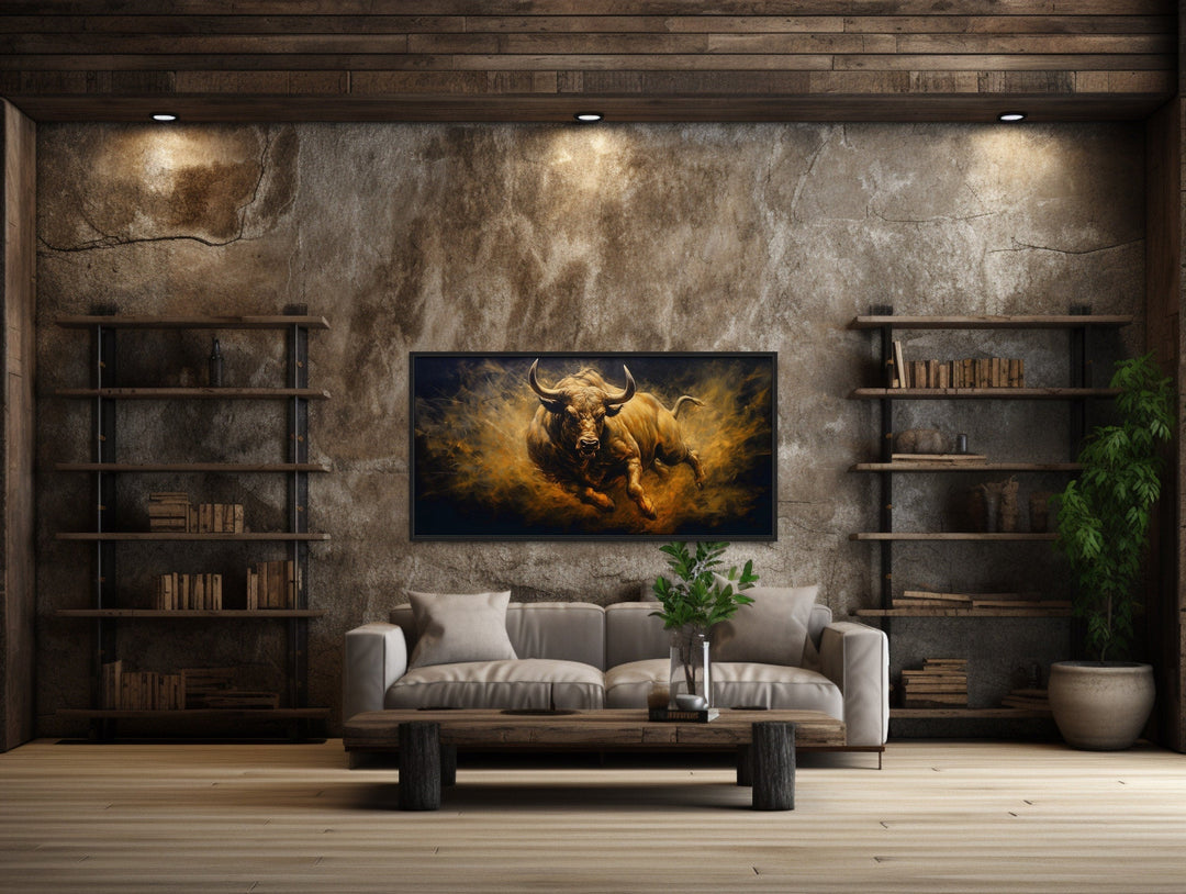 Charging Bull Wall Art – Extra Large Framed Canvas Painting for Man Cave Decor