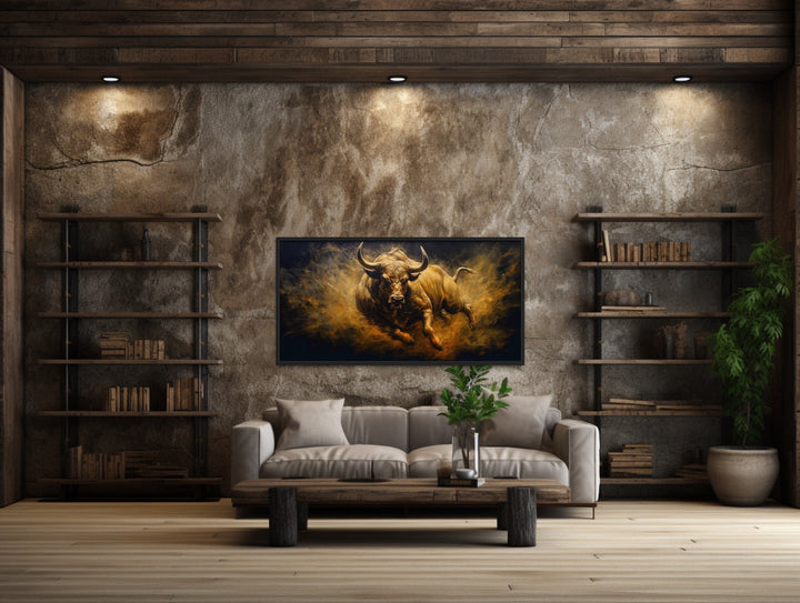 Charging Bull Wall Art – Extra Large Framed Canvas Painting for Man Cave Decor