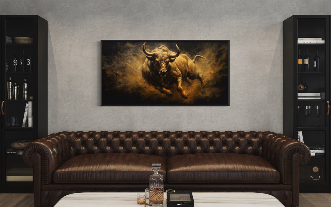 Charging Bull Wall Art – Extra Large Framed Canvas Painting for Man Cave Decor