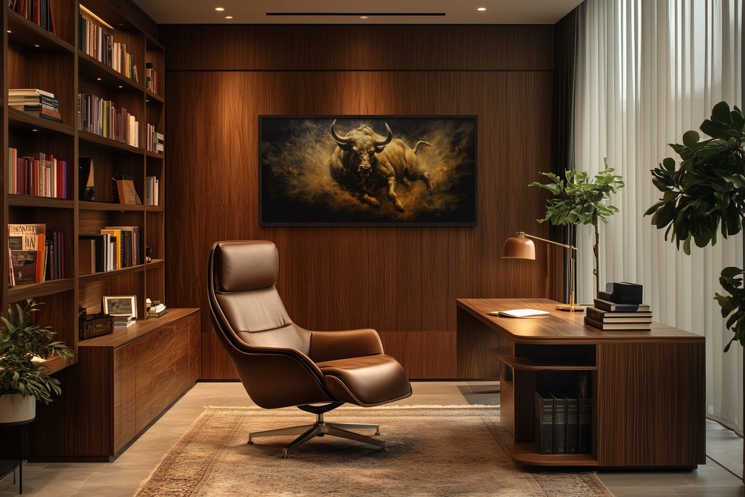 Charging Bull Wall Art – Extra Large Framed Canvas Painting for Man Cave Decor