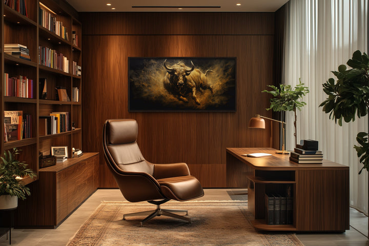 Charging Bull Wall Art – Extra Large Framed Canvas Painting for Man Cave Decor