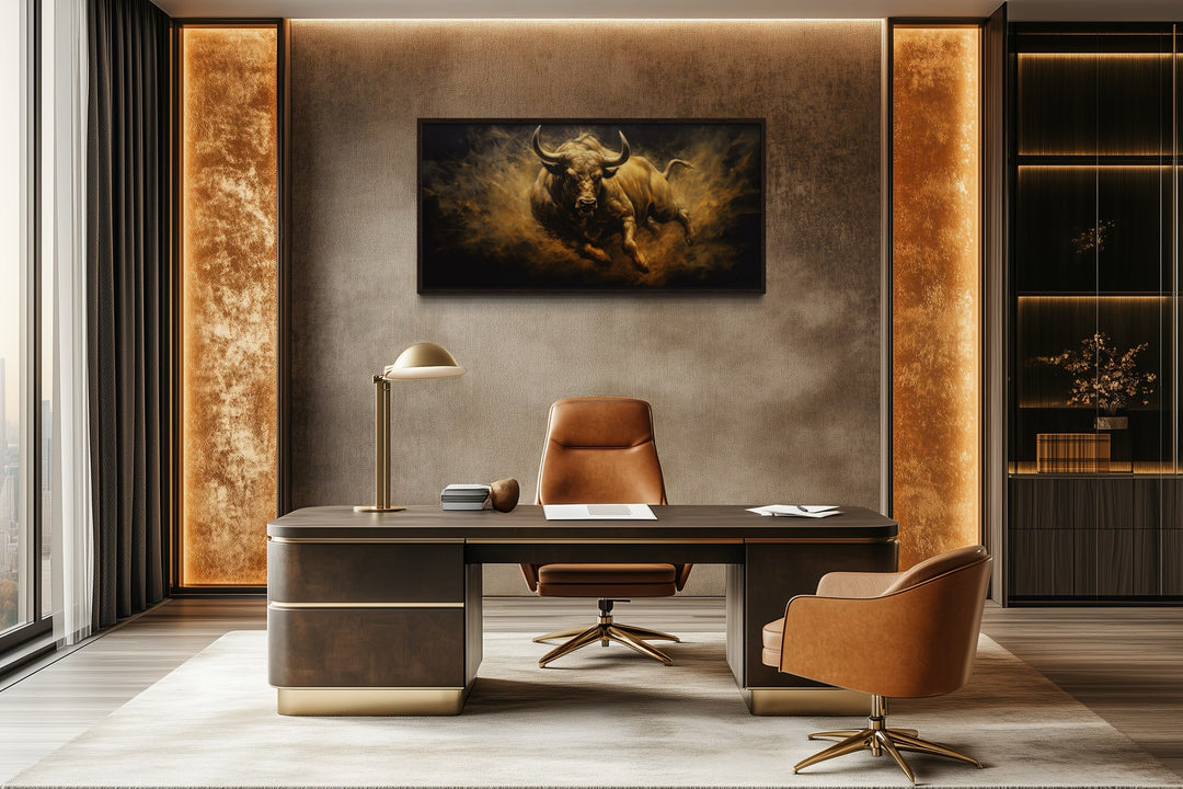 Charging Bull Wall Art – Extra Large Framed Canvas Painting for Man Cave Decor