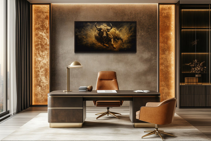 Charging Bull Wall Art – Extra Large Framed Canvas Painting for Man Cave Decor