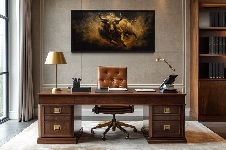 Charging Bull Wall Art – Extra Large Framed Canvas Painting for Man Cave Decor