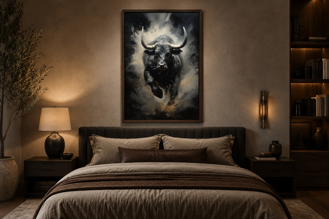 Black charging bull abstract framed canvas wall art hanging above a bed in a modern bedroom.