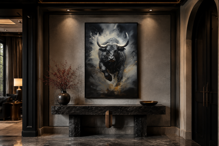 Black charging bull abstract framed canvas wall art displayed in a modern office or man cave.