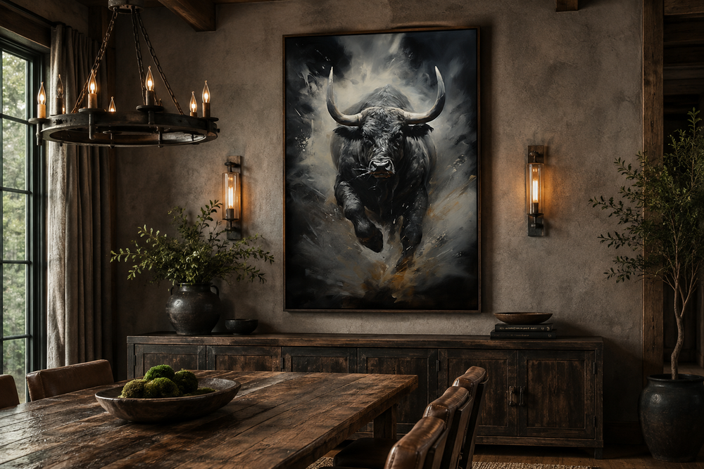 Black charging bull abstract framed canvas wall art in a rustic office with dark wood furniture.