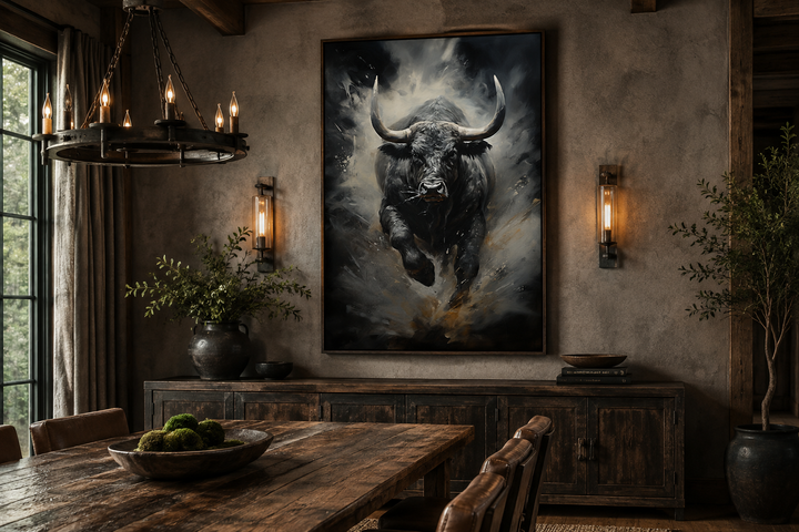 Black charging bull abstract framed canvas wall art in a rustic office with dark wood furniture.