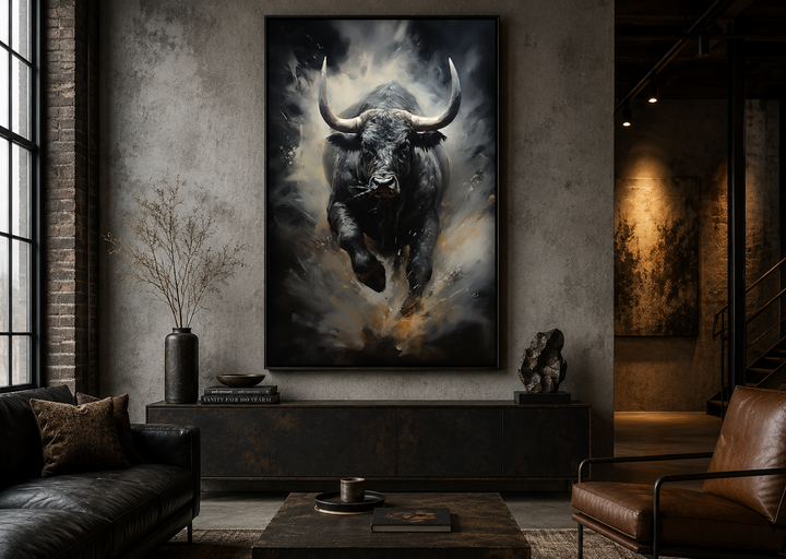 Black charging bull abstract framed canvas wall art in a modern industrial office setting.