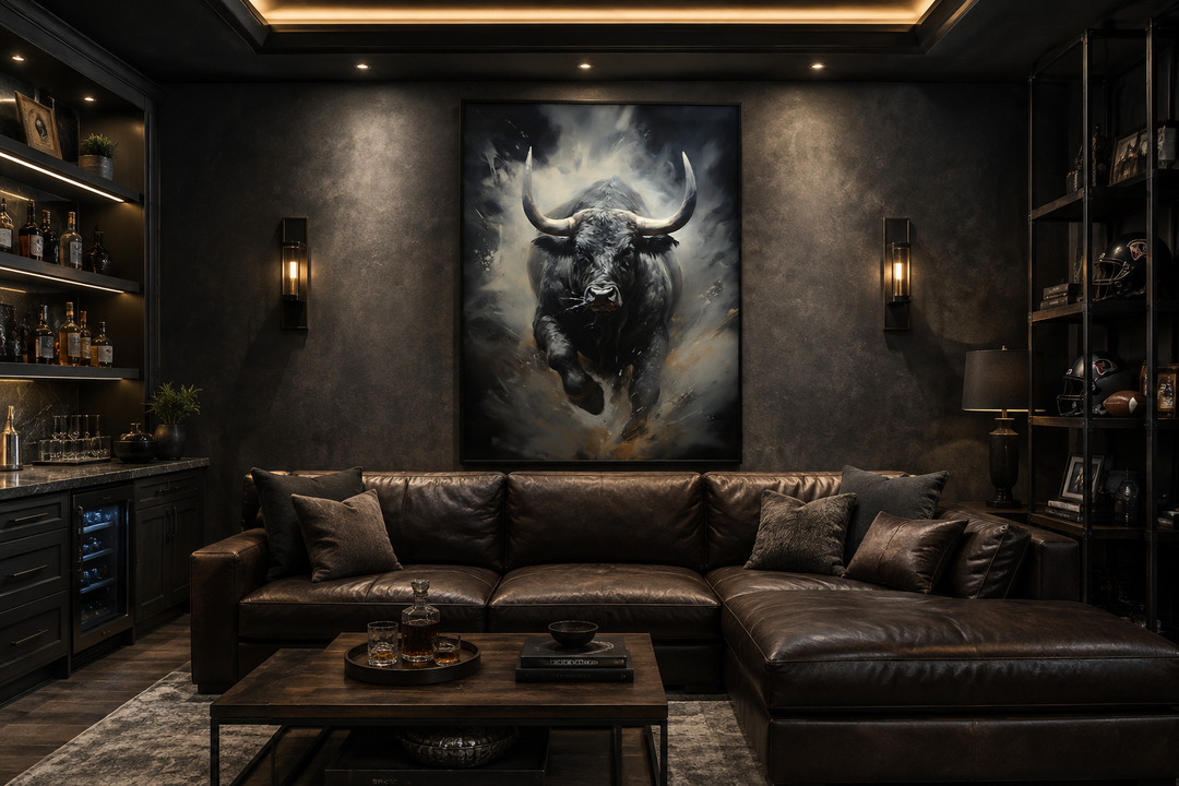 Black Charging Bull abstract framed canvas wall art in a dark, modern office with leather seating.