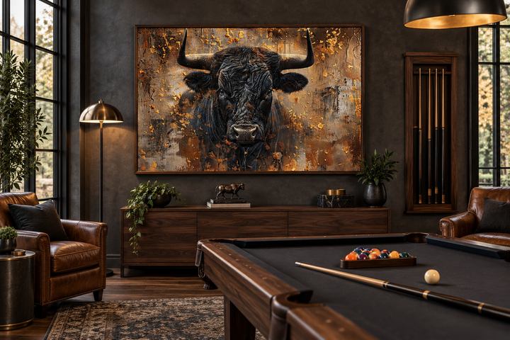 Charging bull head on gold and black framed canvas wall art in a masculine game room setting.